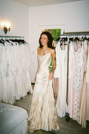 Simple A Line Spaghetti Strap Light Champagne Satin Evening Dress Party Dress HZ1023